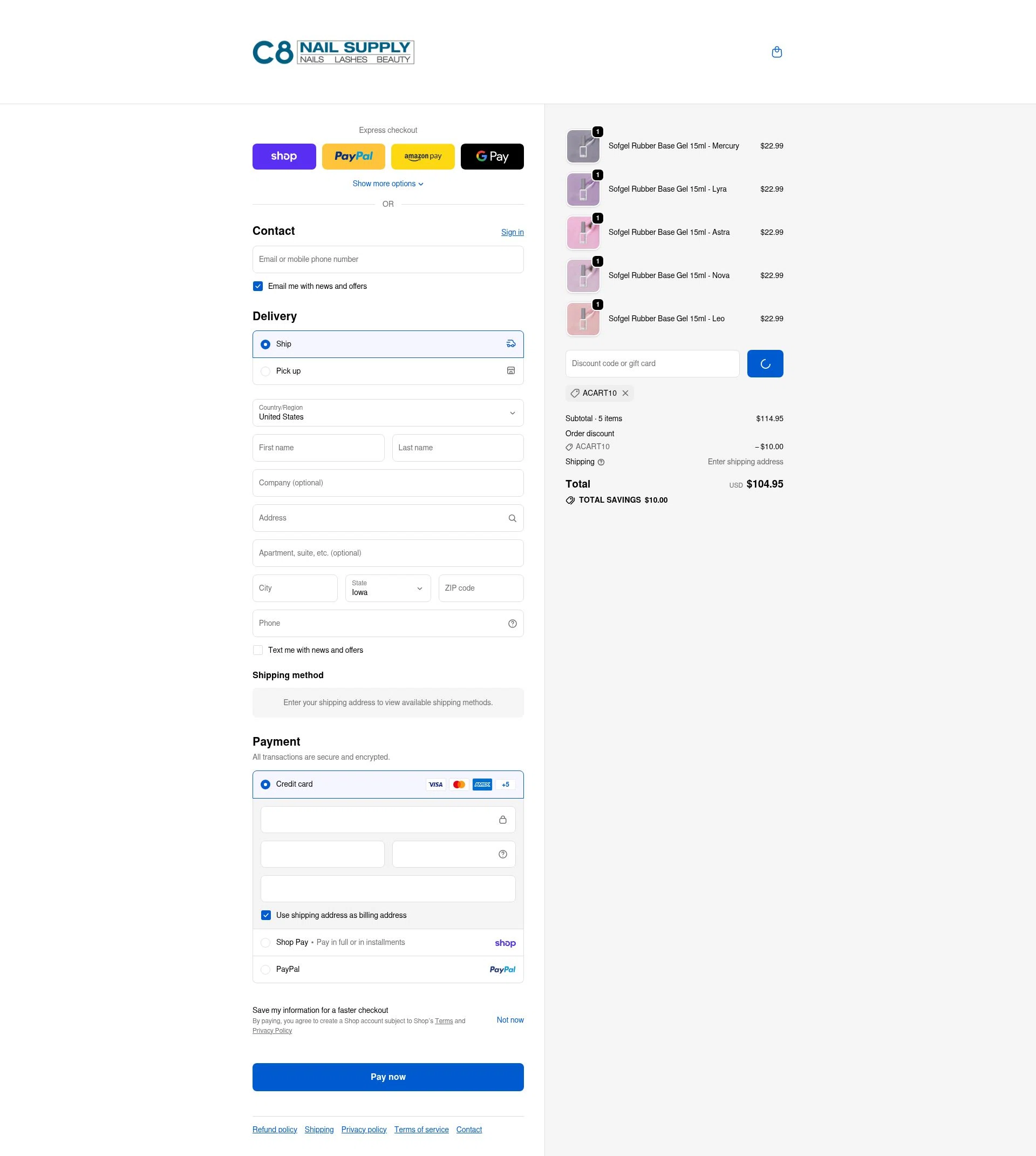 C8 Nail Supply checkout page showing C8 Nail Supply discount code box | Screenshot taken by SimplyCodes community member on Feb 15, 2026