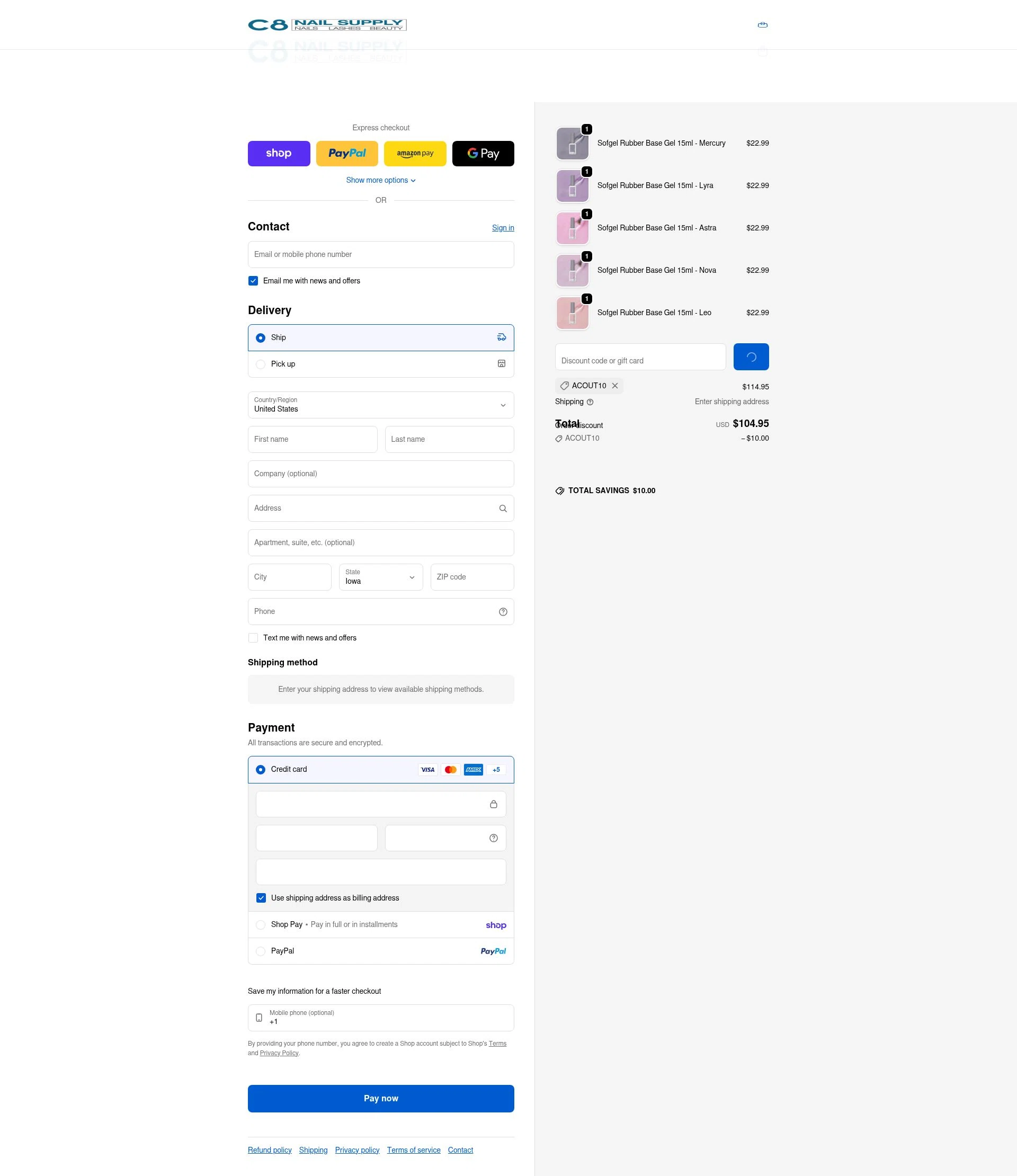 C8 Nail Supply checkout page showing C8 Nail Supply discount code box | Screenshot taken by SimplyCodes community member on Feb 19, 2026