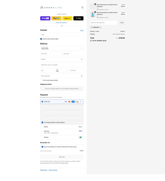 Cabana Life checkout page showing Cabana Life coupon code box | Screenshot taken by SimplyCodes community member on Aug 26, 2025
