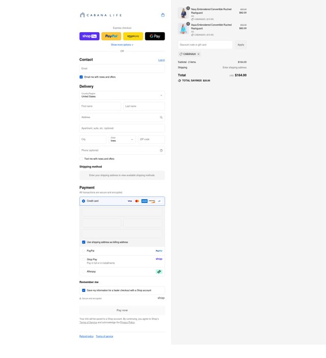 Cabana Life checkout page showing Cabana Life coupon code box | Screenshot taken by SimplyCodes community member on Aug 16, 2025