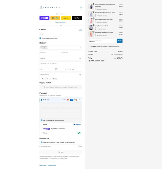 Cabana Life checkout page showing Cabana Life coupon code box | Screenshot taken by SimplyCodes community member on Jul 27, 2025