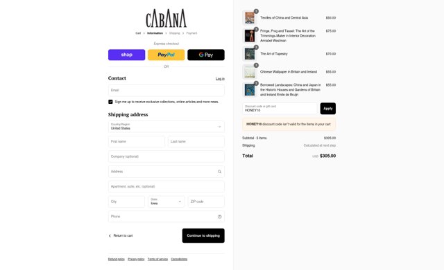 Cabana Magazine checkout page showing Cabana Magazine discount code box | Screenshot taken by SimplyCodes community member on Sep 6, 2025