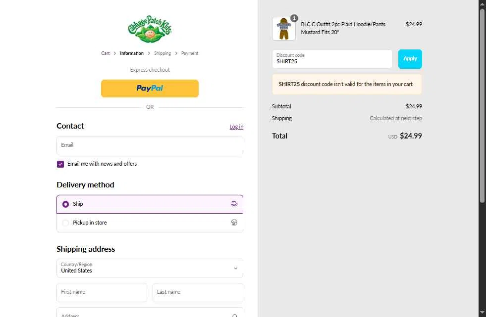 Cabbage Patch Kids checkout page showing Cabbage Patch Kids discount code box | Screenshot taken by SimplyCodes community member on Jul 22, 2025