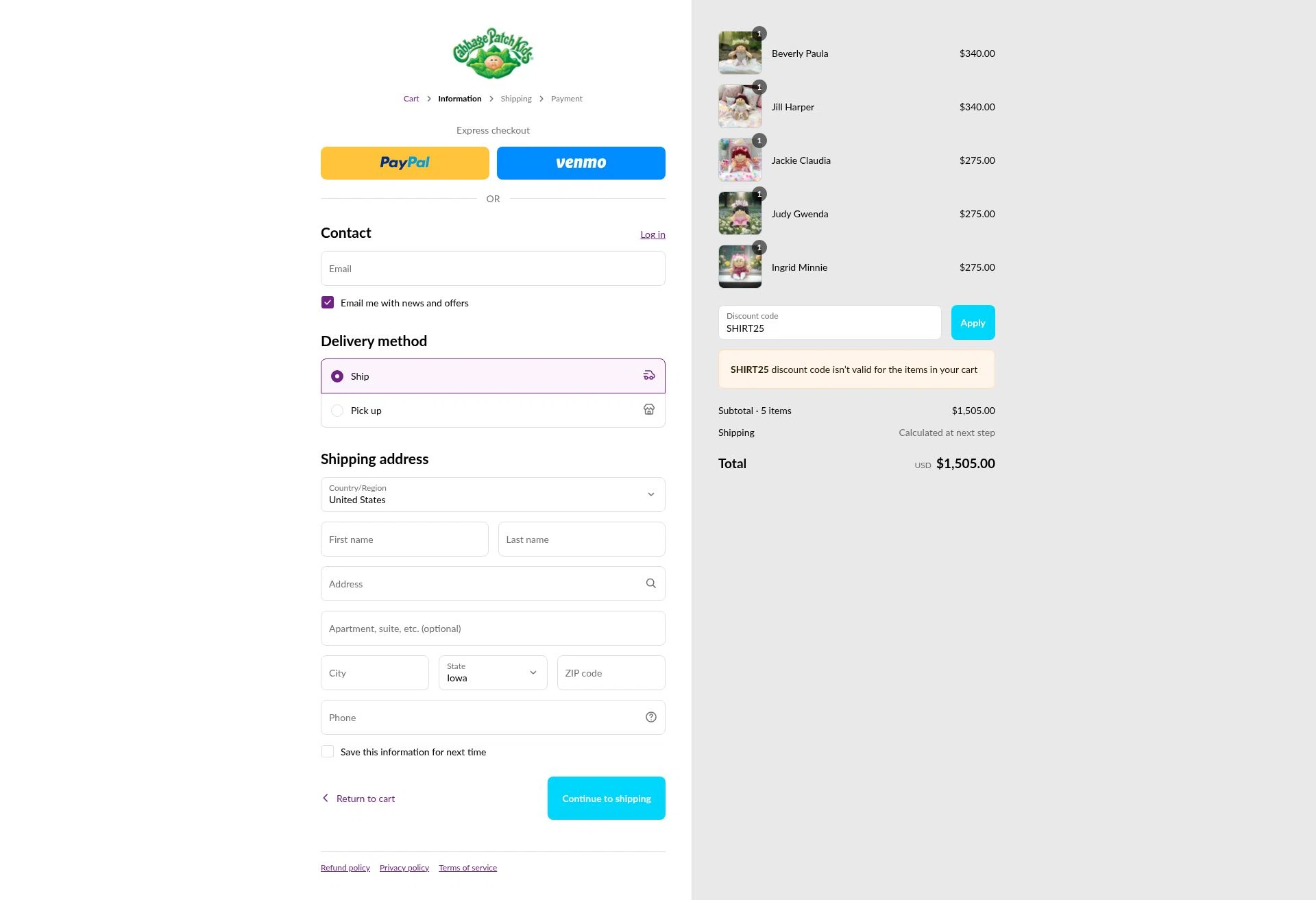 Cabbage Patch Kids checkout page showing Cabbage Patch Kids discount code box | Screenshot taken by SimplyCodes community member on Aug 4, 2025