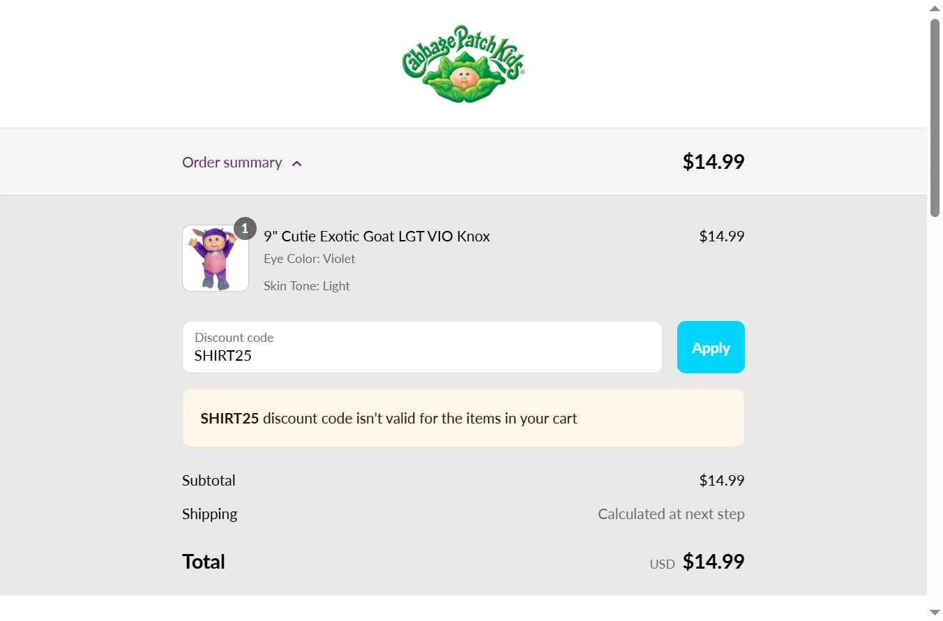 Cabbage Patch Kids checkout page showing Cabbage Patch Kids discount code box | Screenshot taken by SimplyCodes community member on Aug 5, 2025