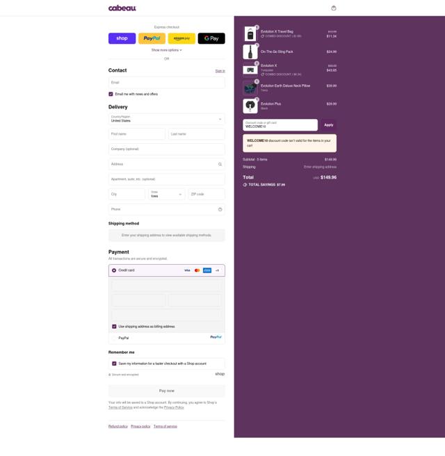 Cabeau checkout page showing Cabeau discount code box | Screenshot taken by SimplyCodes community member on Sep 14, 2025
