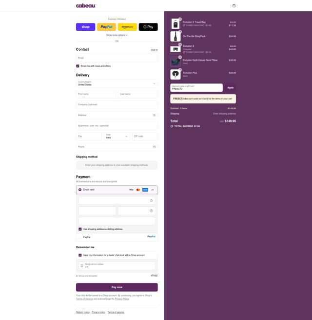 Cabeau checkout page showing Cabeau discount code box | Screenshot taken by SimplyCodes community member on Sep 14, 2025