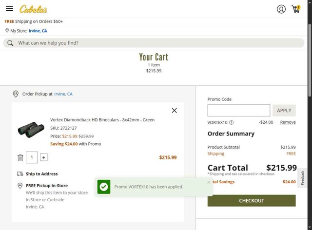 Cabelas checkout page showing Cabelas promo code box | Screenshot taken by SimplyCodes community member on Aug 1, 2025