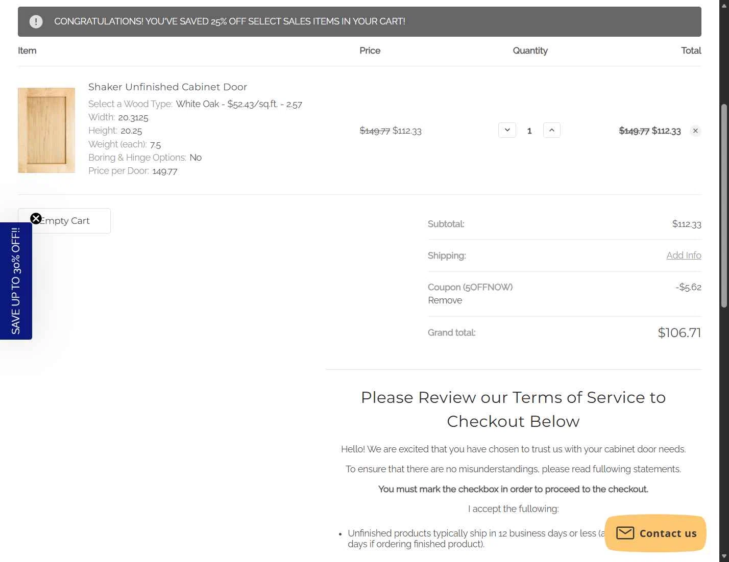 Cabinet Doors checkout page showing Cabinet Doors promo code box | Screenshot taken by SimplyCodes community member on Nov 30, 2025