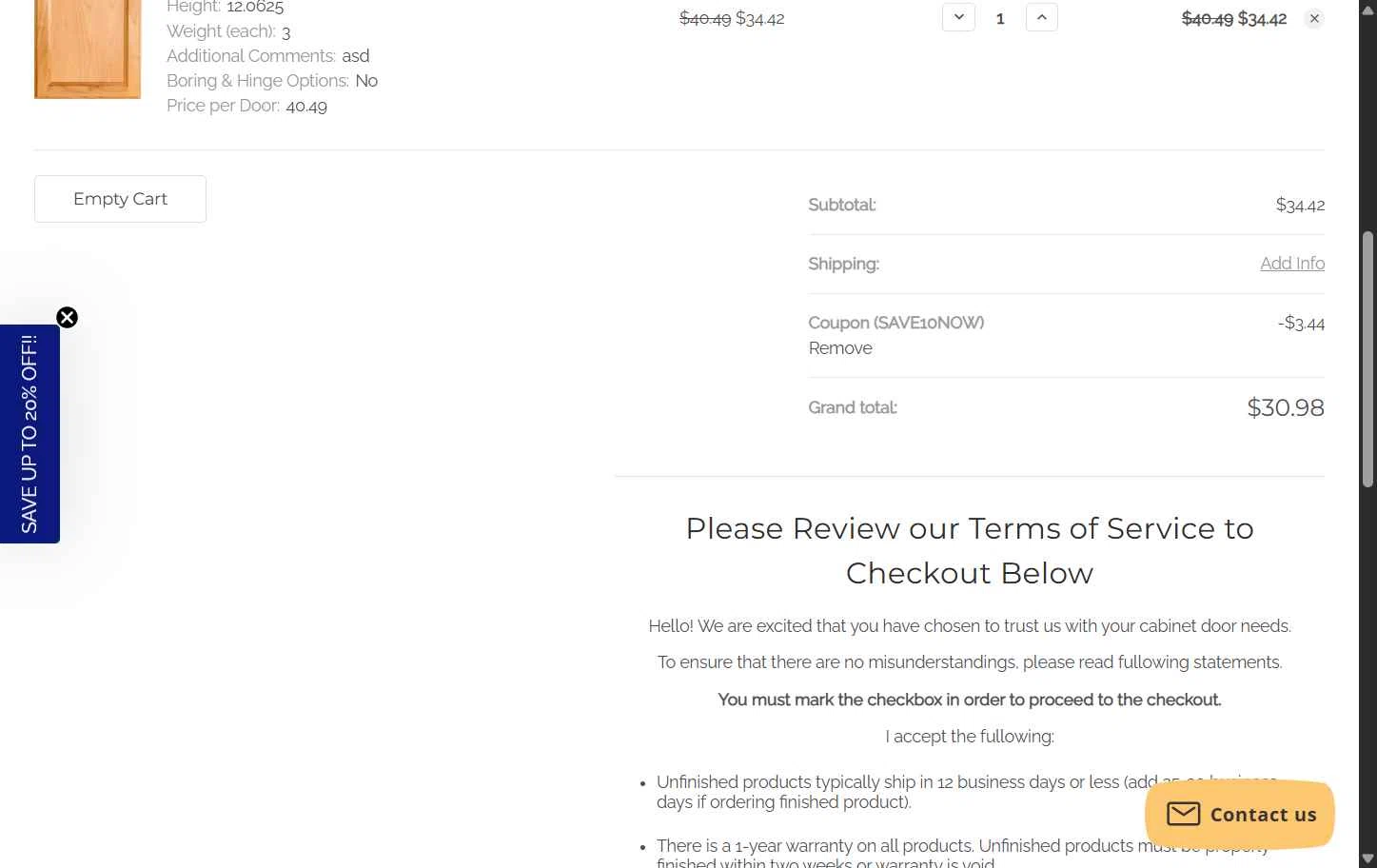 Cabinet Doors checkout page showing Cabinet Doors promo code box | Screenshot taken by SimplyCodes community member on Dec 4, 2025