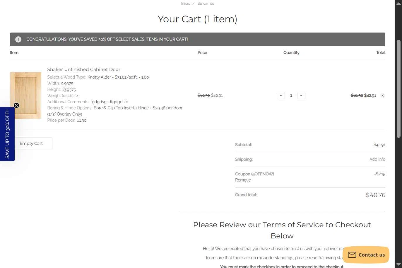 Cabinet Doors checkout page showing Cabinet Doors promo code box | Screenshot taken by SimplyCodes community member on Jan 27, 2026