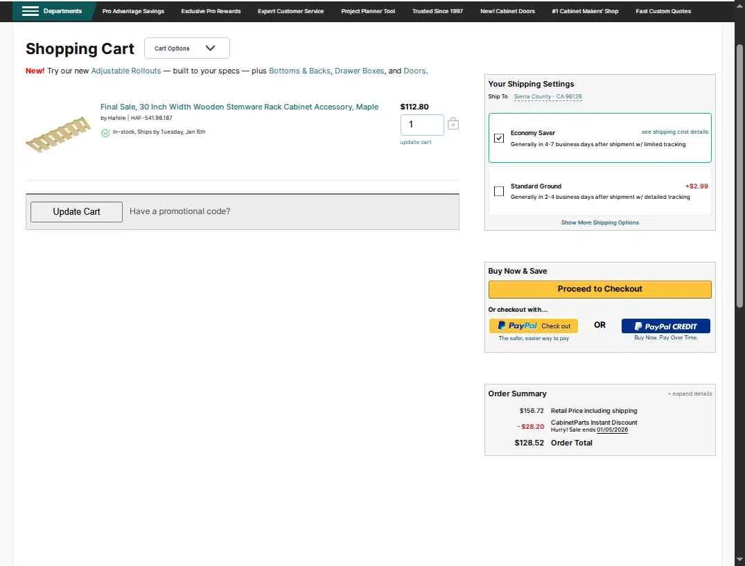 CabinetParts.com checkout page showing CabinetParts.com coupon code box | Screenshot taken by SimplyCodes community member on Jan 4, 2026