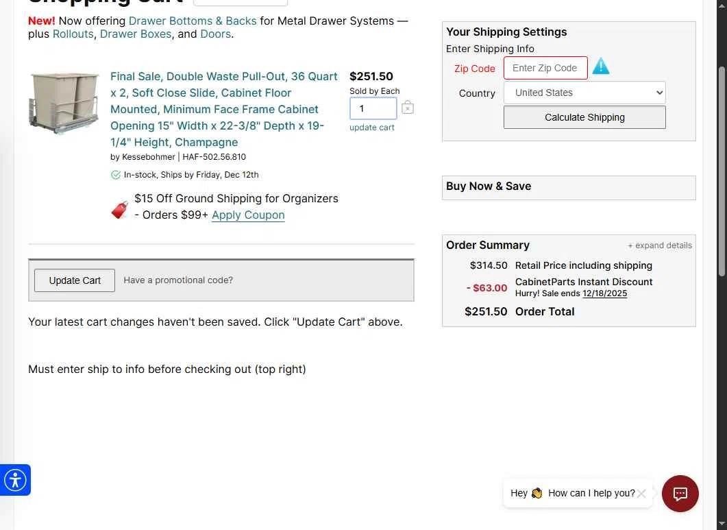 CabinetParts.com checkout page showing CabinetParts.com coupon code box | Screenshot taken by SimplyCodes community member on Dec 11, 2025