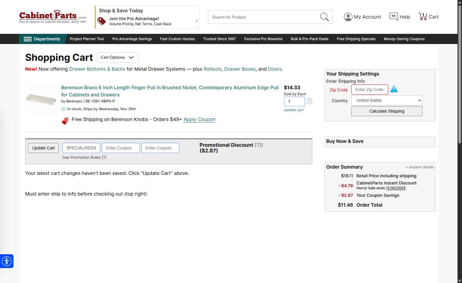 CabinetParts.com checkout page showing CabinetParts.com coupon code box | Screenshot taken by SimplyCodes community member on Nov 24, 2025