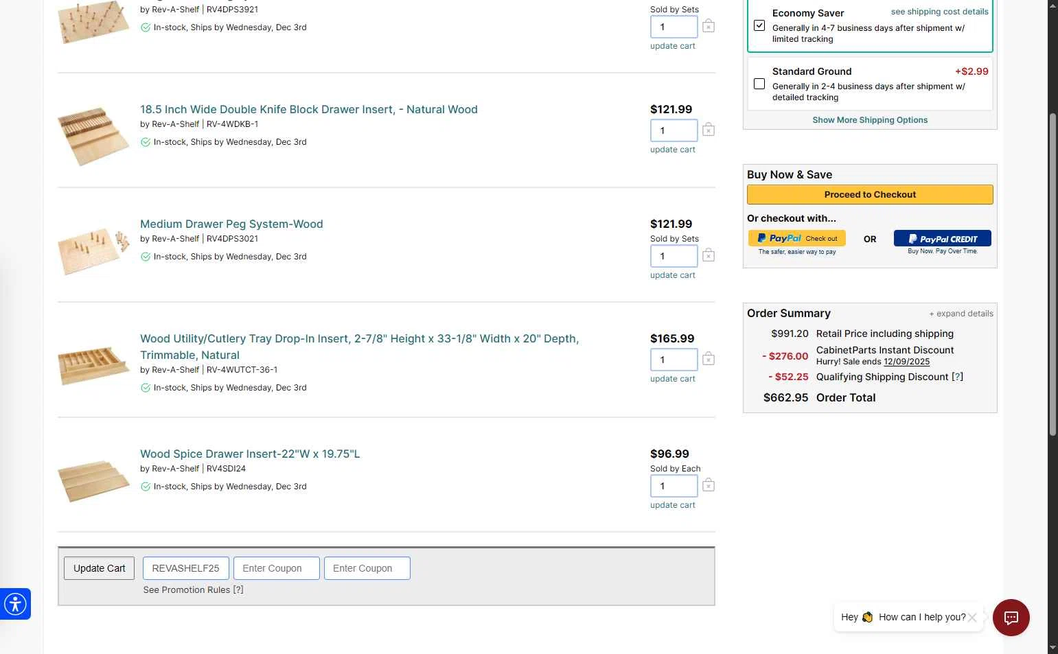 CabinetParts.com checkout page showing CabinetParts.com coupon code box | Screenshot taken by SimplyCodes community member on Nov 30, 2025