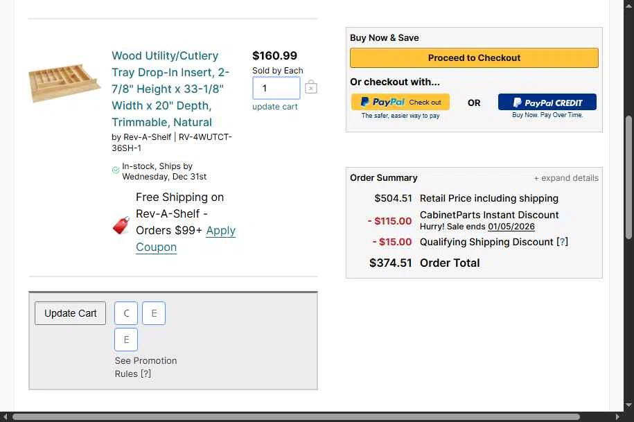 CabinetParts.com checkout page showing CabinetParts.com coupon code box | Screenshot taken by SimplyCodes community member on Dec 29, 2025