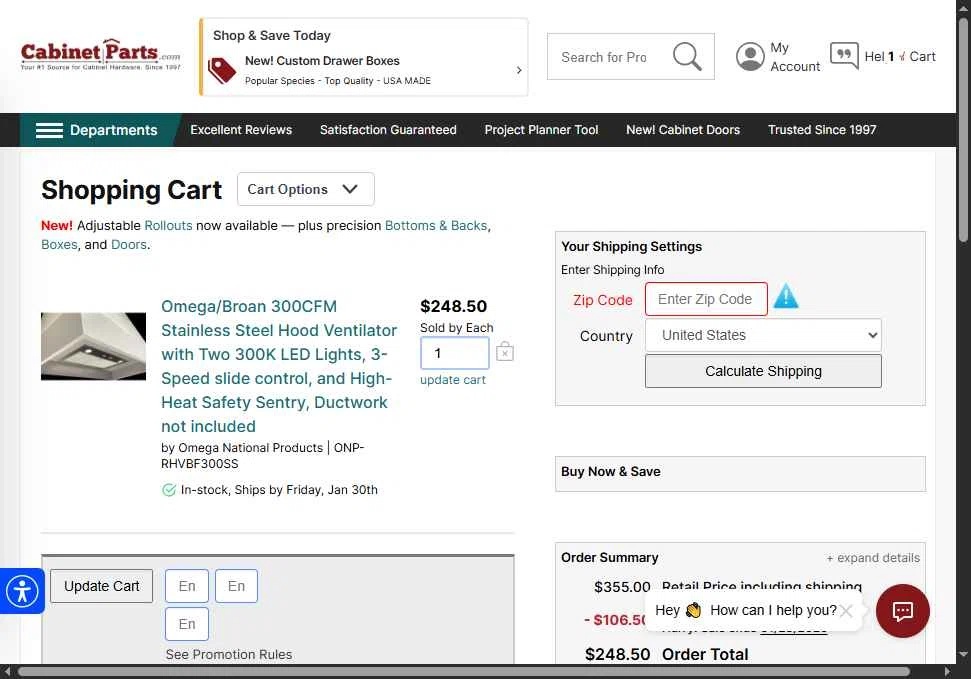 CabinetParts.com checkout page showing CabinetParts.com coupon code box | Screenshot taken by SimplyCodes community member on Jan 23, 2026
