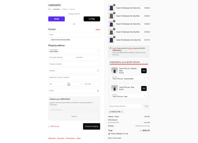 CabinZero checkout page showing CabinZero coupon code box | Screenshot taken by SimplyCodes community member on Sep 11, 2025