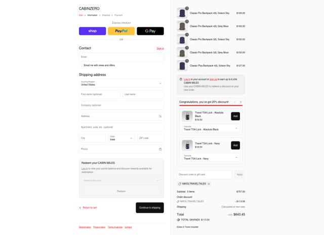 CabinZero checkout page showing CabinZero coupon code box | Screenshot taken by SimplyCodes community member on Sep 11, 2025