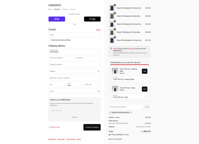 CabinZero checkout page showing CabinZero coupon code box | Screenshot taken by SimplyCodes community member on Sep 11, 2025