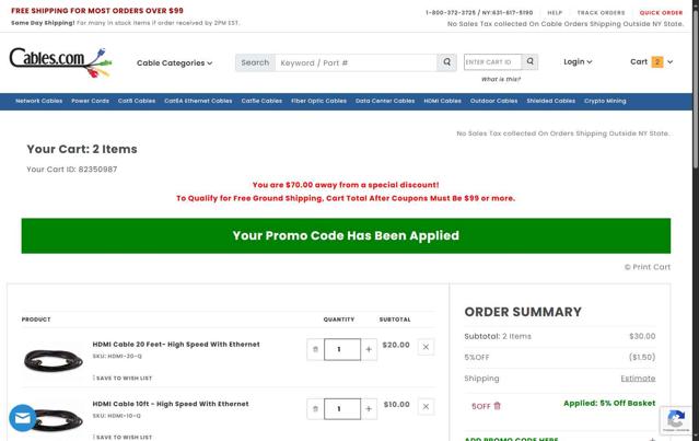 Cables checkout page showing Cables promo code box | Screenshot taken by SimplyCodes community member on Aug 16, 2025