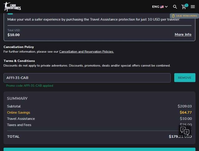 Cabo Adventures checkout page showing Cabo Adventures discount code box | Screenshot taken by SimplyCodes community member on Jul 28, 2025