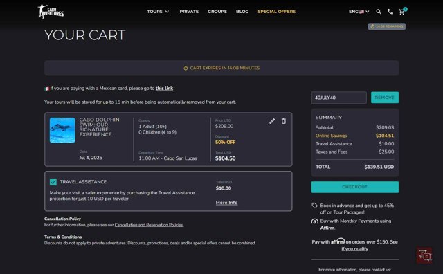 Cabo Adventures checkout page showing Cabo Adventures discount code box | Screenshot taken by SimplyCodes community member on Jul 3, 2025