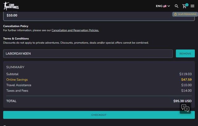 Cabo Adventures checkout page showing Cabo Adventures discount code box | Screenshot taken by SimplyCodes community member on Aug 28, 2025