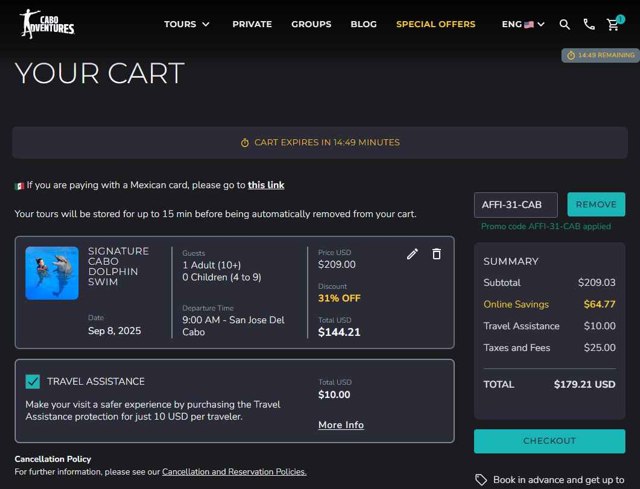 Cabo Adventures checkout page showing Cabo Adventures discount code box | Screenshot taken by SimplyCodes community member on Sep 7, 2025