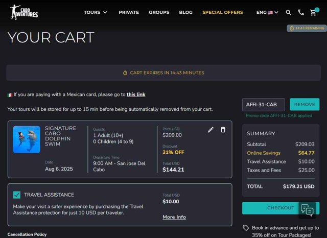 Cabo Adventures checkout page showing Cabo Adventures discount code box | Screenshot taken by SimplyCodes community member on Aug 5, 2025
