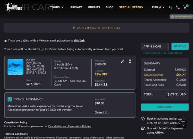 Cabo Adventures checkout page showing Cabo Adventures discount code box | Screenshot taken by SimplyCodes community member on Jul 6, 2025
