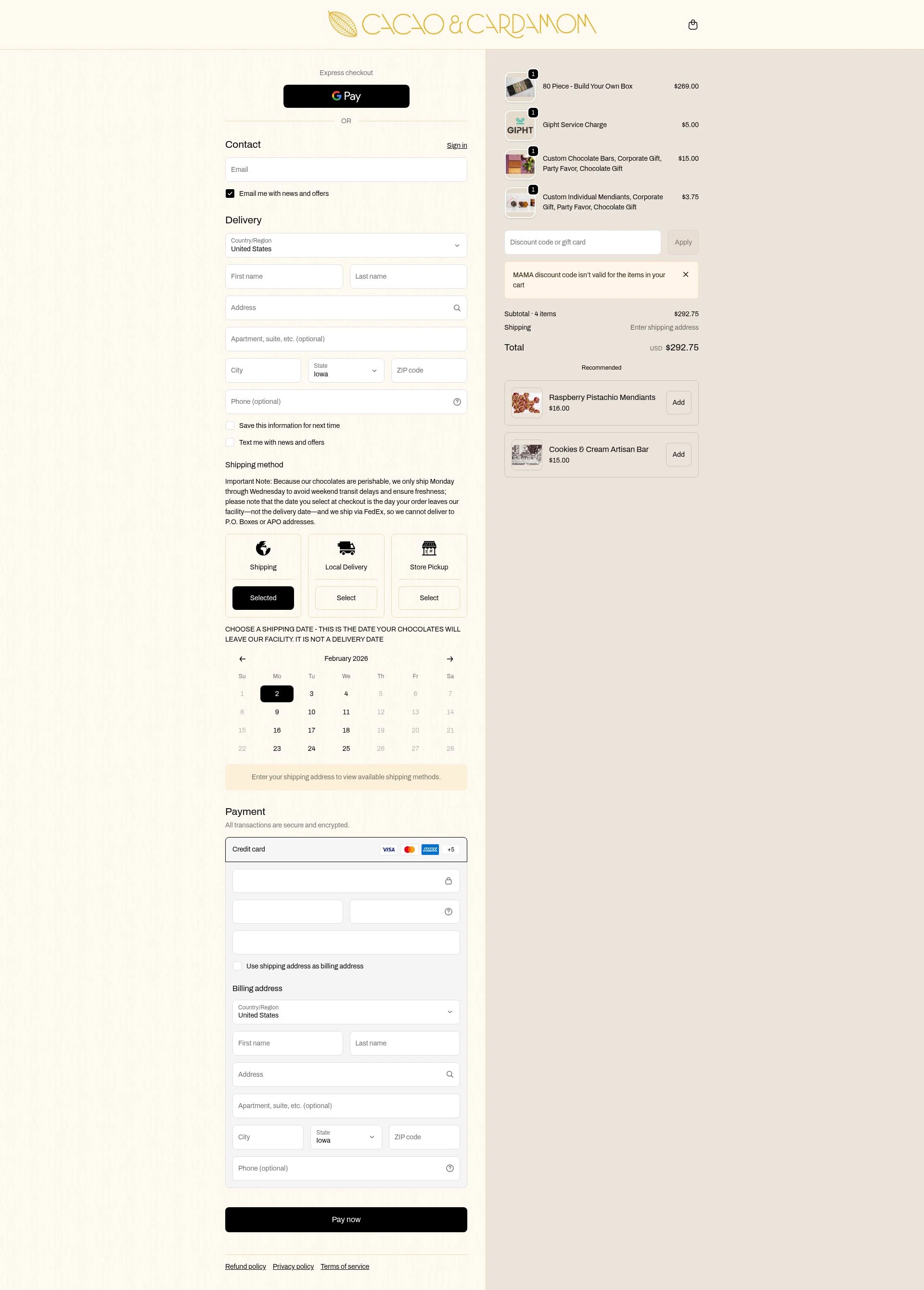 Cacao and Cardamom checkout page showing Cacao and Cardamom discount code box | Screenshot taken by SimplyCodes community member on Jan 31, 2026
