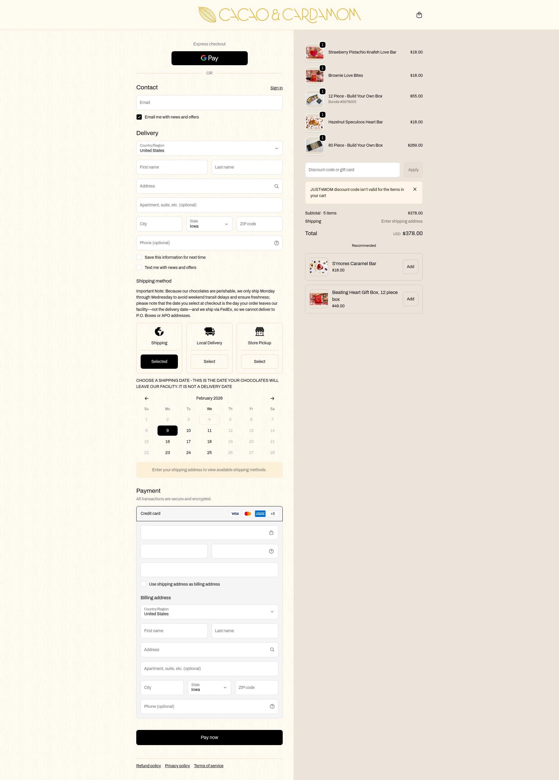Cacao and Cardamom checkout page showing Cacao and Cardamom discount code box | Screenshot taken by SimplyCodes community member on Feb 4, 2026
