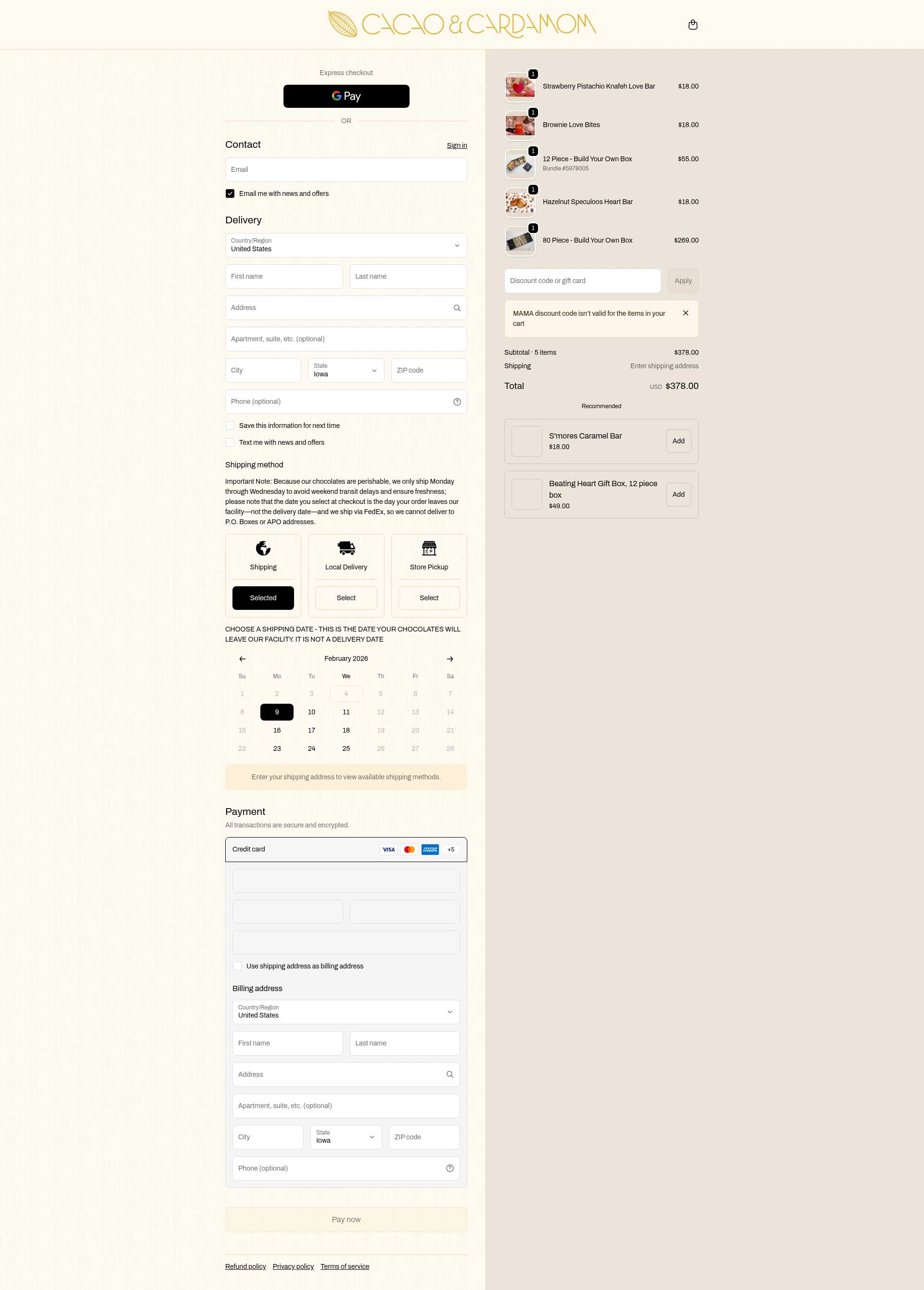 Cacao and Cardamom checkout page showing Cacao and Cardamom discount code box | Screenshot taken by SimplyCodes community member on Feb 4, 2026