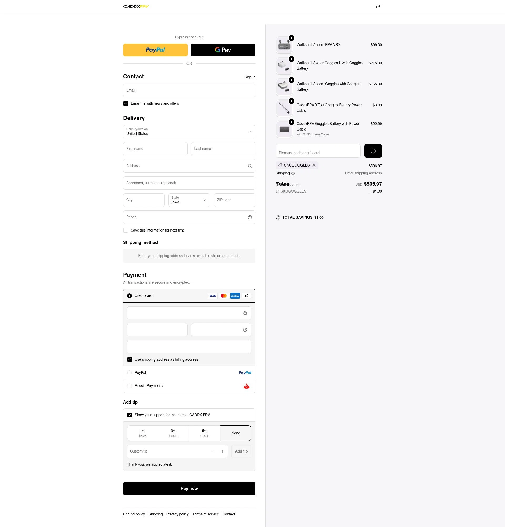 CADDX FPV checkout page showing CADDX FPV discount code box | Screenshot taken by SimplyCodes community member on Feb 7, 2026