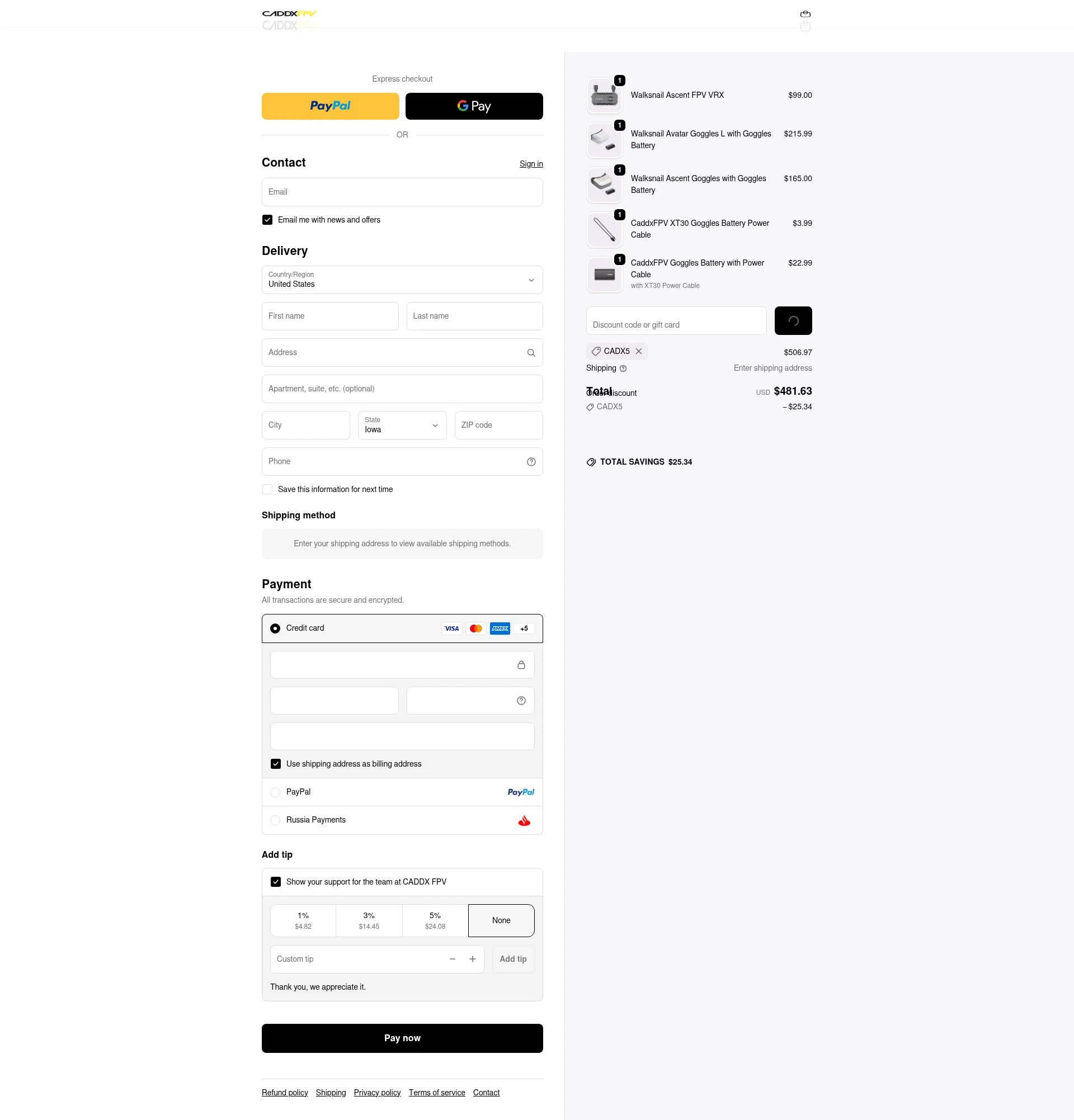 CADDX FPV checkout page showing CADDX FPV discount code box | Screenshot taken by SimplyCodes community member on Feb 7, 2026