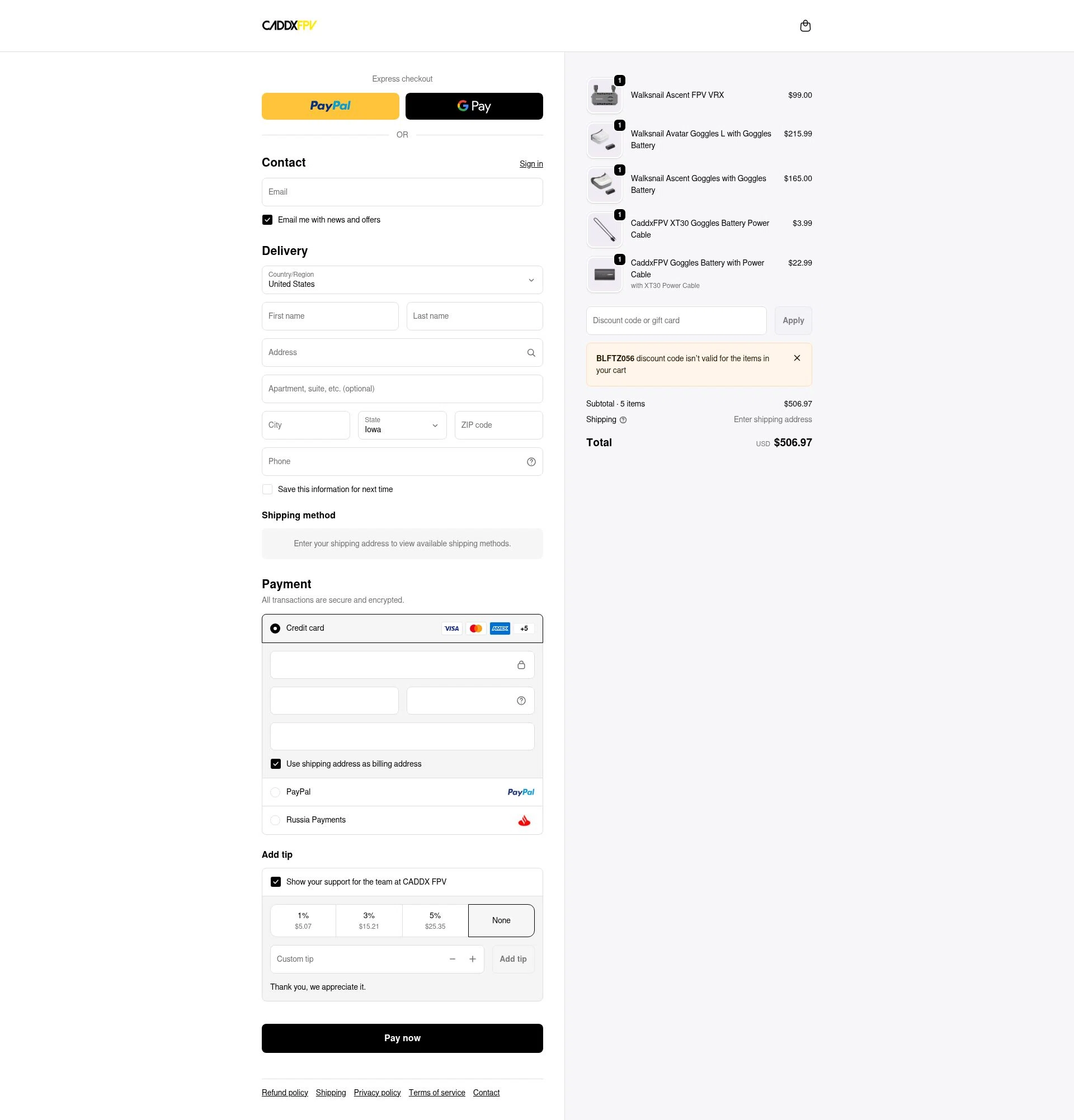 CADDX FPV checkout page showing CADDX FPV discount code box | Screenshot taken by SimplyCodes community member on Feb 7, 2026