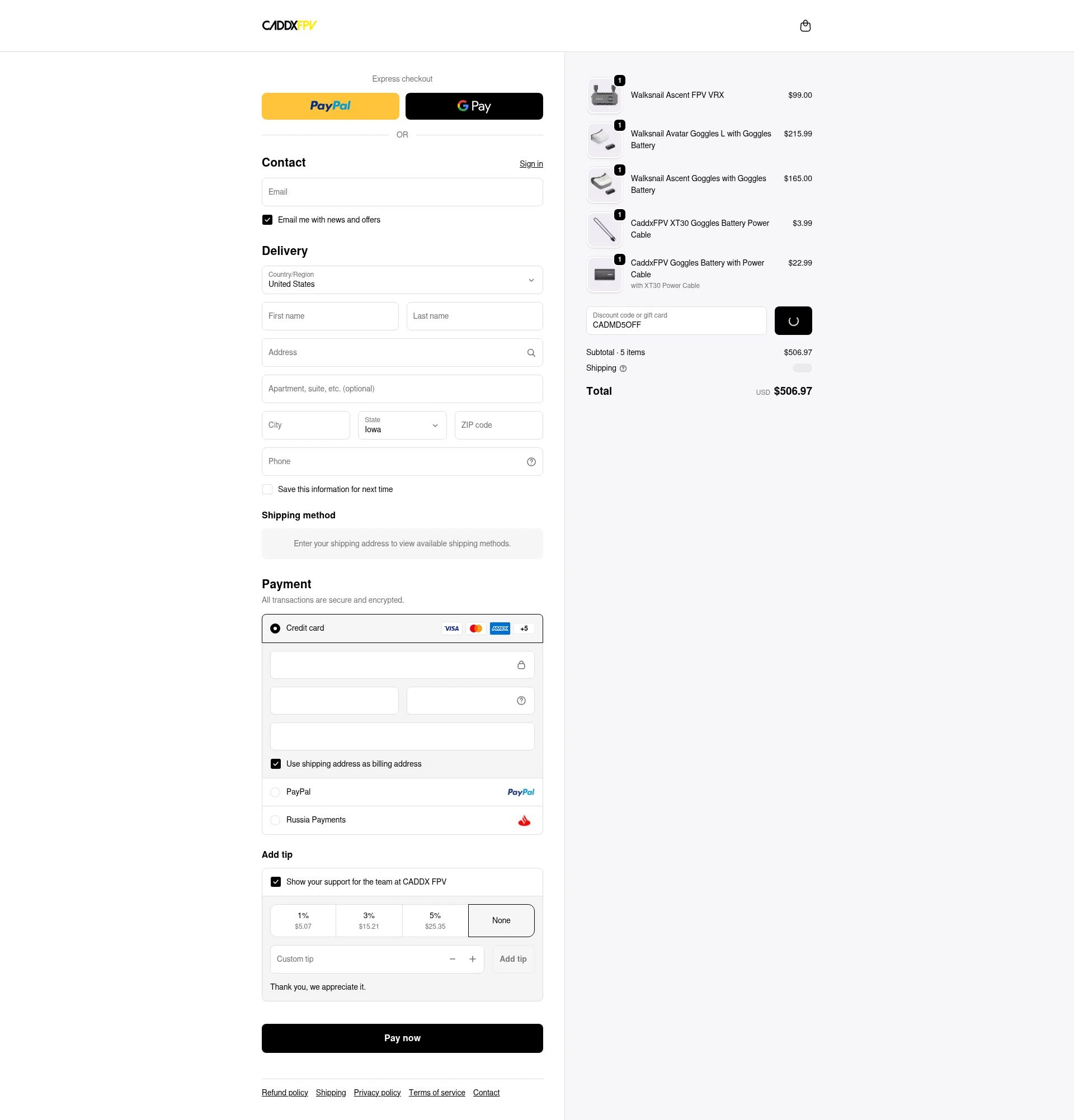 CADDX FPV checkout page showing CADDX FPV discount code box | Screenshot taken by SimplyCodes community member on Feb 11, 2026