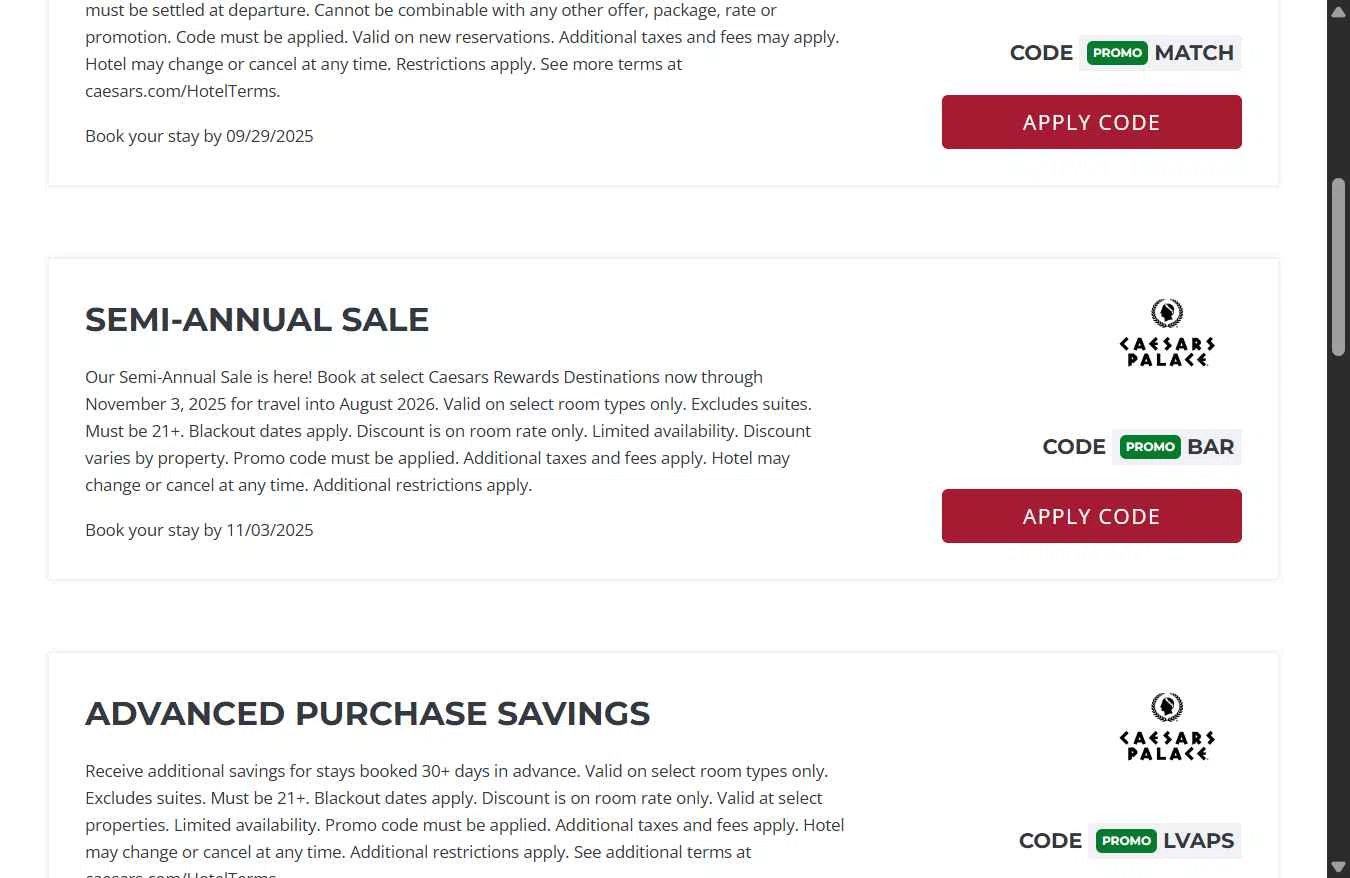 Caesars Rewards checkout page showing Caesars Rewards promo code box | Screenshot taken by SimplyCodes community member on Sep 27, 2025