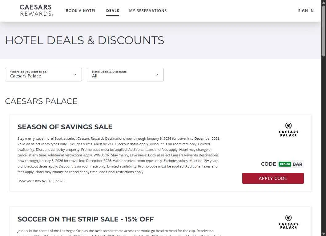 Caesars Rewards checkout page showing Caesars Rewards promo code box | Screenshot taken by SimplyCodes community member on Dec 24, 2025