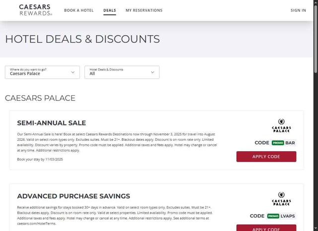 Caesars Rewards checkout page showing Caesars Rewards promo code box | Screenshot taken by SimplyCodes community member on Aug 29, 2025