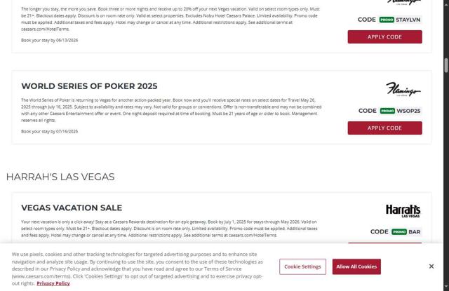 Caesars Rewards checkout page showing Caesars Rewards promo code box | Screenshot taken by SimplyCodes community member on Jun 20, 2025