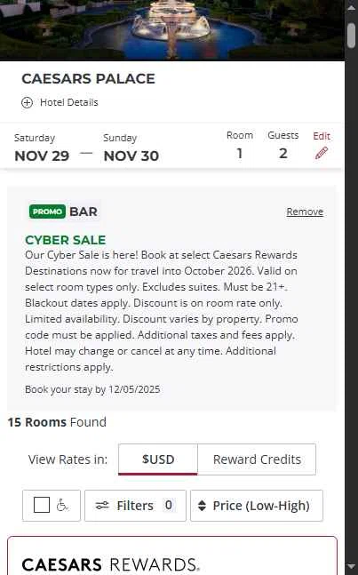 Caesars Rewards checkout page showing Caesars Rewards promo code box | Screenshot taken by SimplyCodes community member on Nov 25, 2025