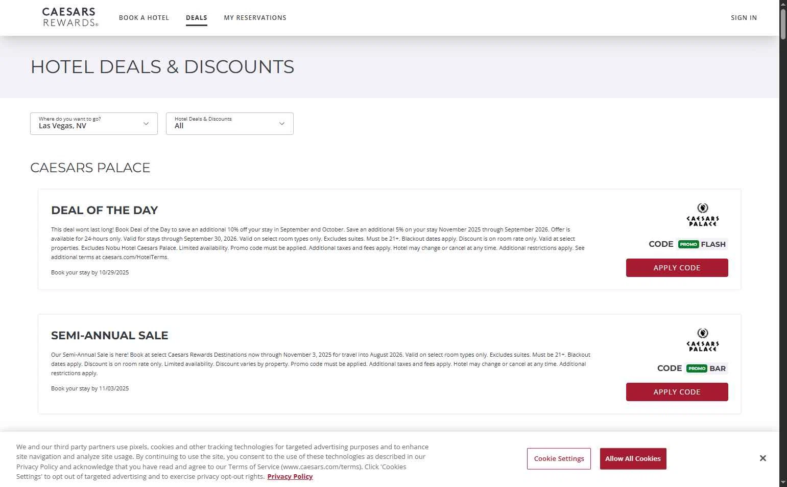 Caesars Rewards checkout page showing Caesars Rewards promo code box | Screenshot taken by SimplyCodes community member on Oct 28, 2025