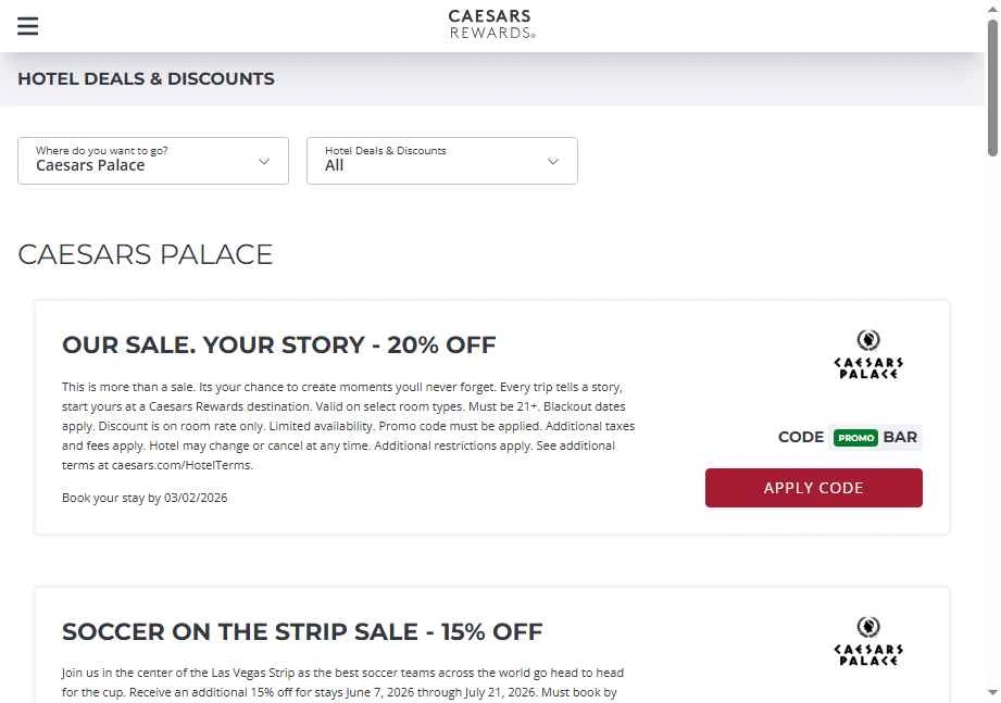 Caesars Rewards checkout page showing Caesars Rewards promo code box | Screenshot taken by SimplyCodes community member on Feb 13, 2026
