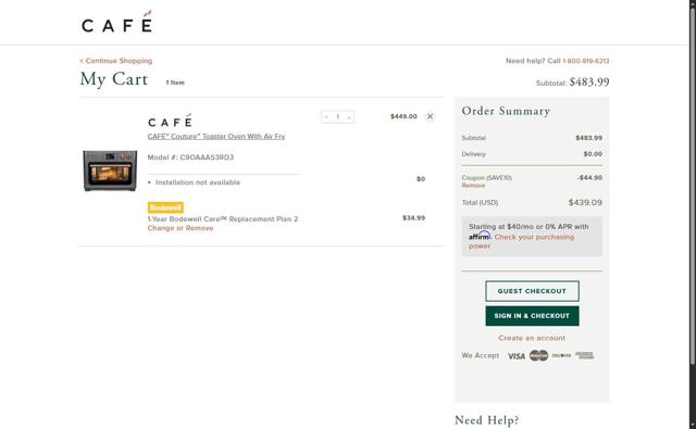Cafe Appliances checkout page showing Cafe Appliances coupon code box | Screenshot taken by SimplyCodes community member on Sep 6, 2025