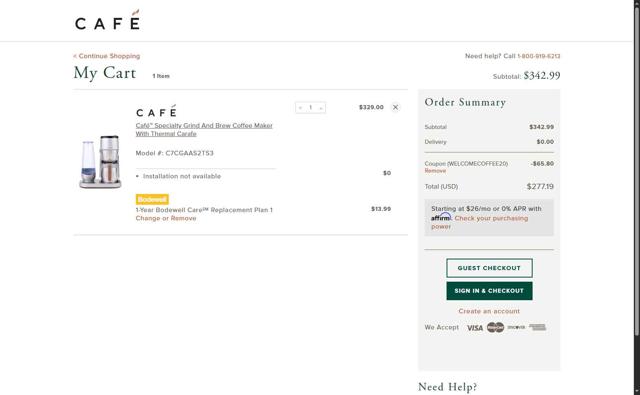 Cafe Appliances checkout page showing Cafe Appliances coupon code box | Screenshot taken by SimplyCodes community member on Jul 16, 2025