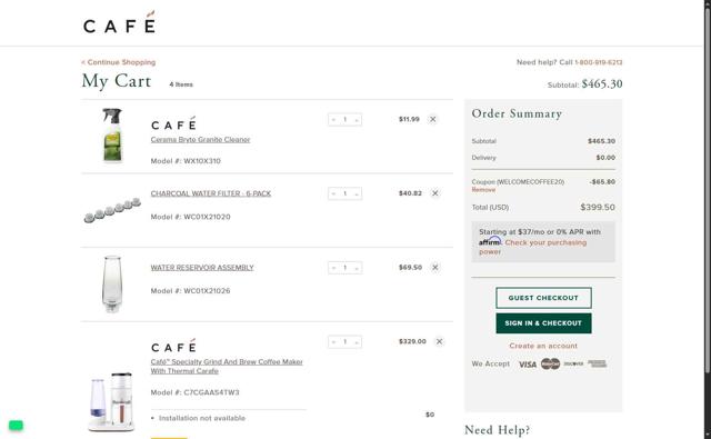 Cafe Appliances checkout page showing Cafe Appliances coupon code box | Screenshot taken by SimplyCodes community member on Jul 16, 2025
