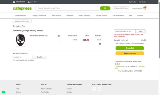 CafePress checkout page showing CafePress promo code box | Screenshot taken by SimplyCodes community member on Aug 17, 2025