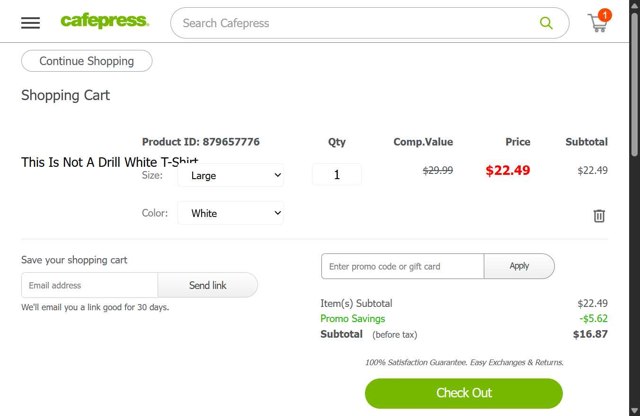 CafePress checkout page showing CafePress promo code box | Screenshot taken by SimplyCodes community member on Jul 31, 2025